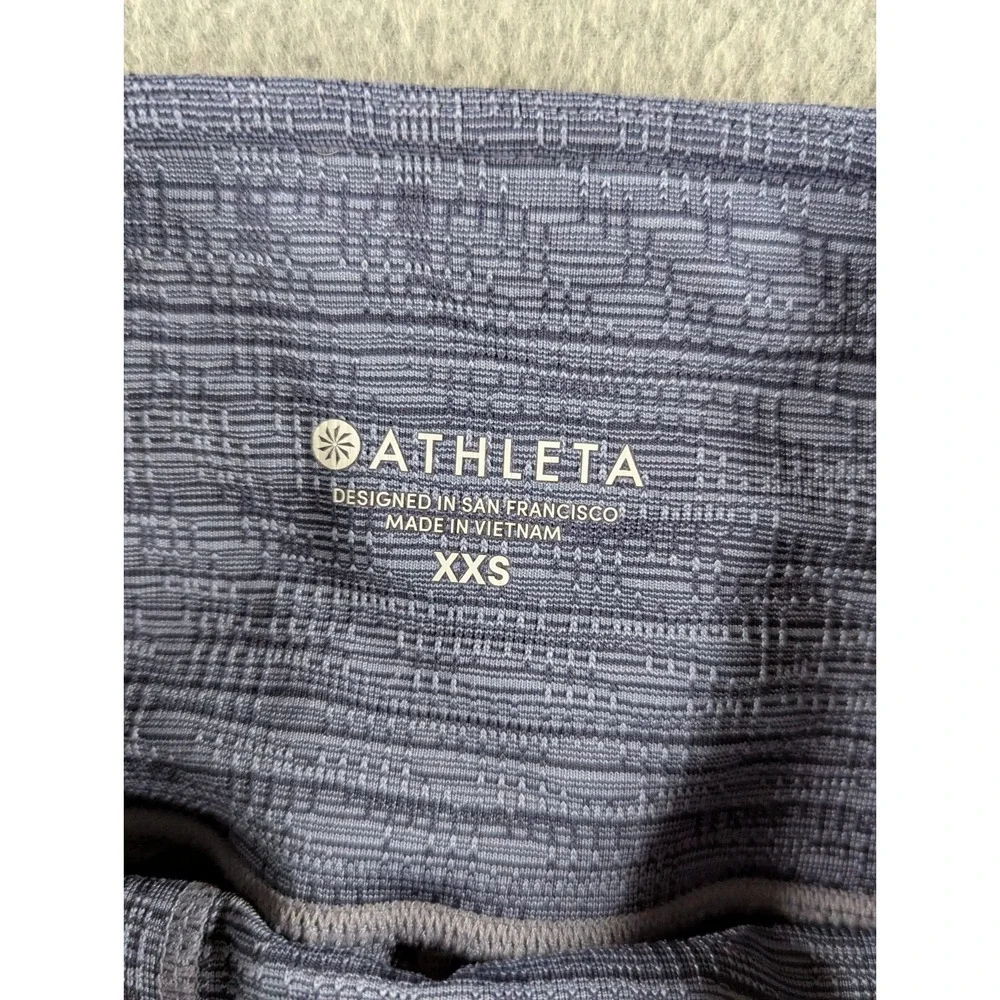 ATHLETA ULTIMATE STASH POCKET PRINTED CAPRI LEGGINGS BLUE XXS